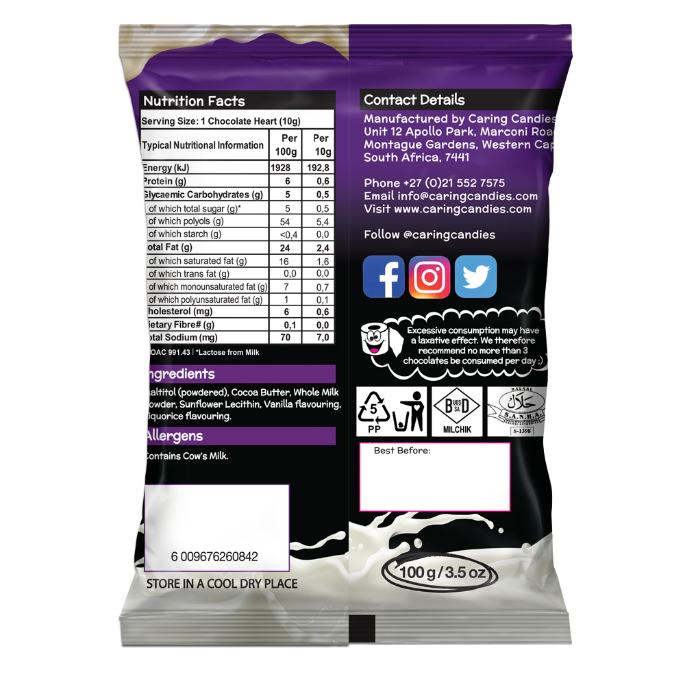 Sugar Free White Chocolate Hearts: Little LuvBites | 100g | Liquorice