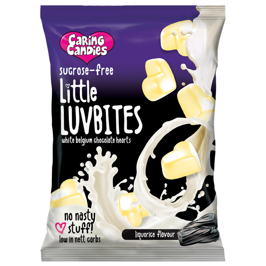 Sugar Free White Chocolate Hearts: Little LuvBites | 100g | Liquorice