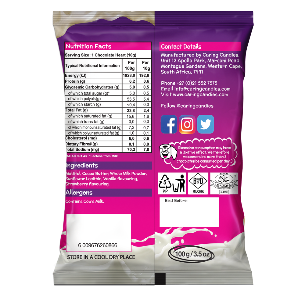 Sugar Free White Chocolate Hearts: Little LuvBites | 100g | Strawberry