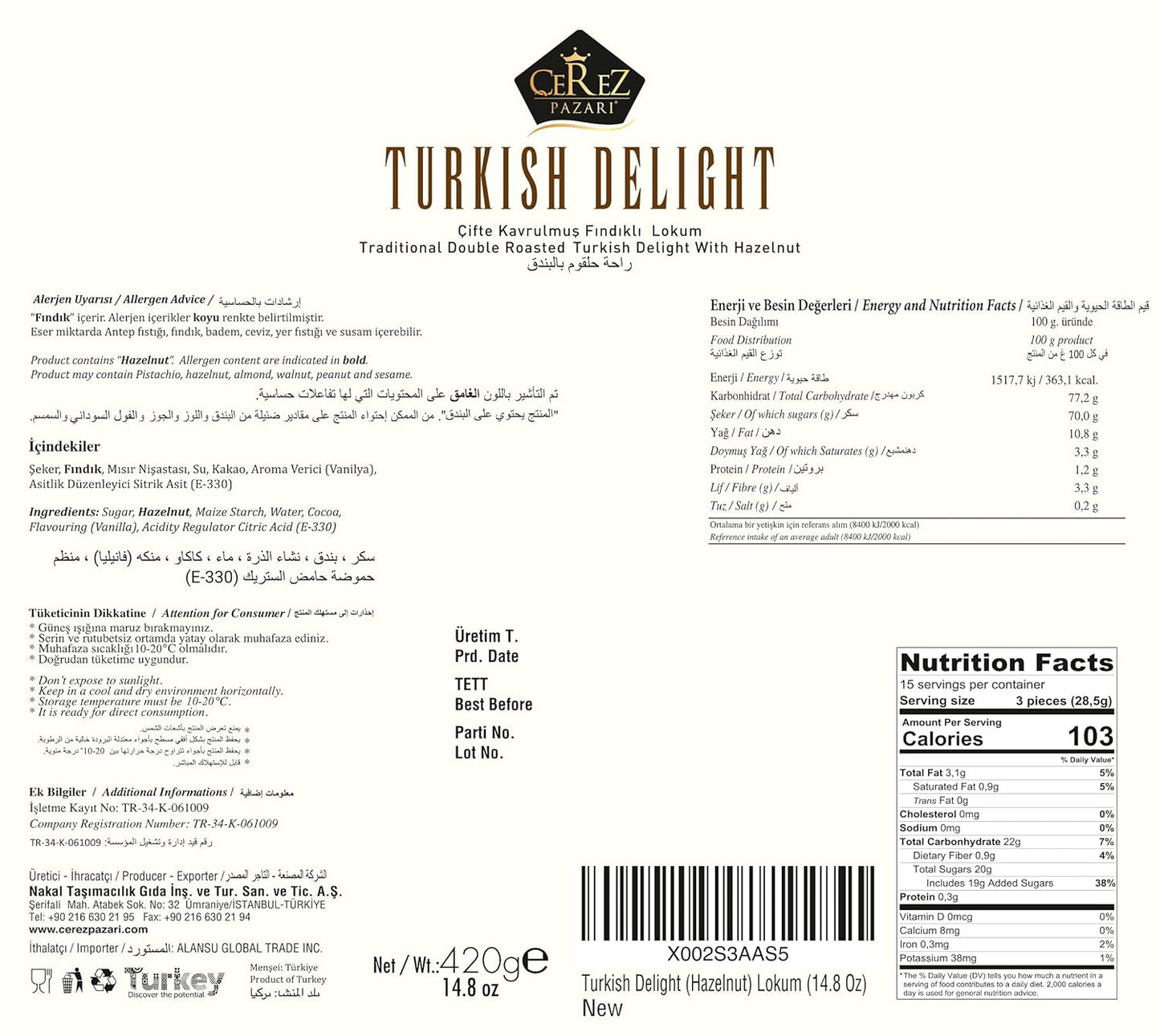 Turkish Delight White Box Double Extra Hazelnut 210g