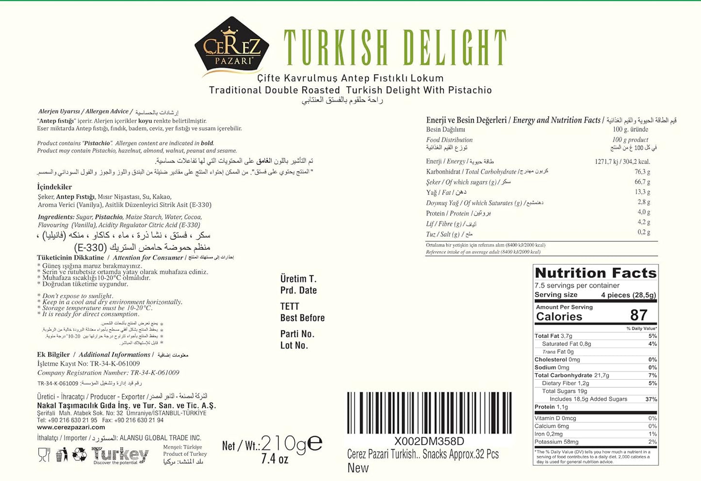 Turkish Delight White Box Double Extra Pistachio 210g