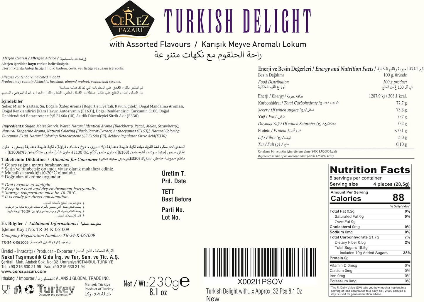 Turkish Delight White Box Strawberry, Peach, Melon, Tangerine, Blackberry Flavours 230g