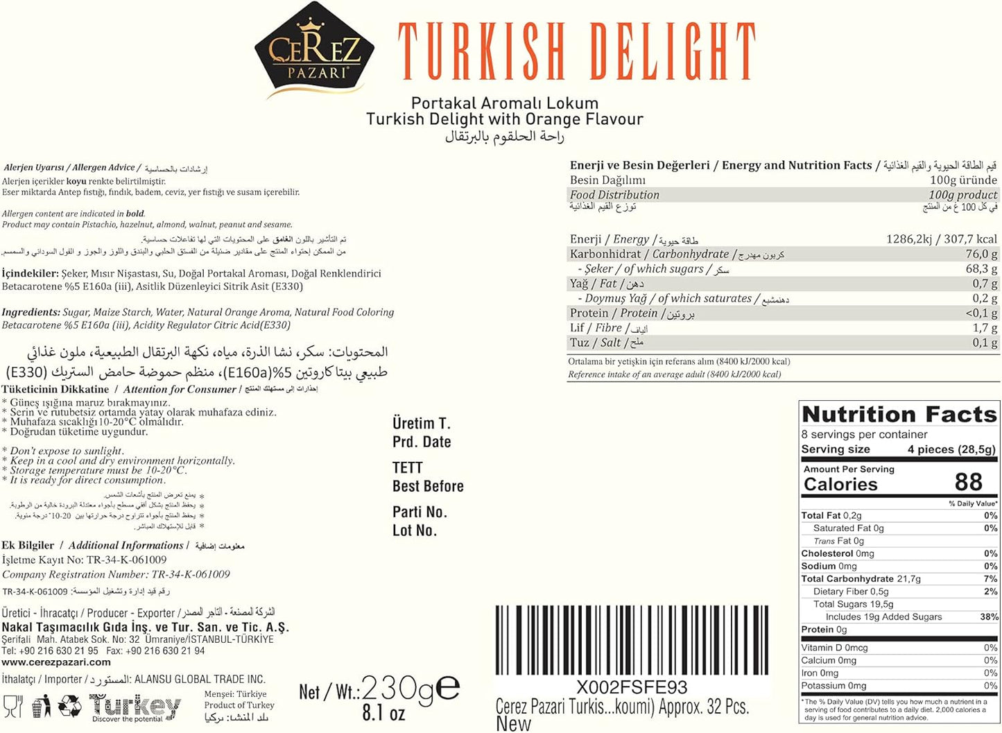 Turkish Delight White Box Orange Flavour 230g