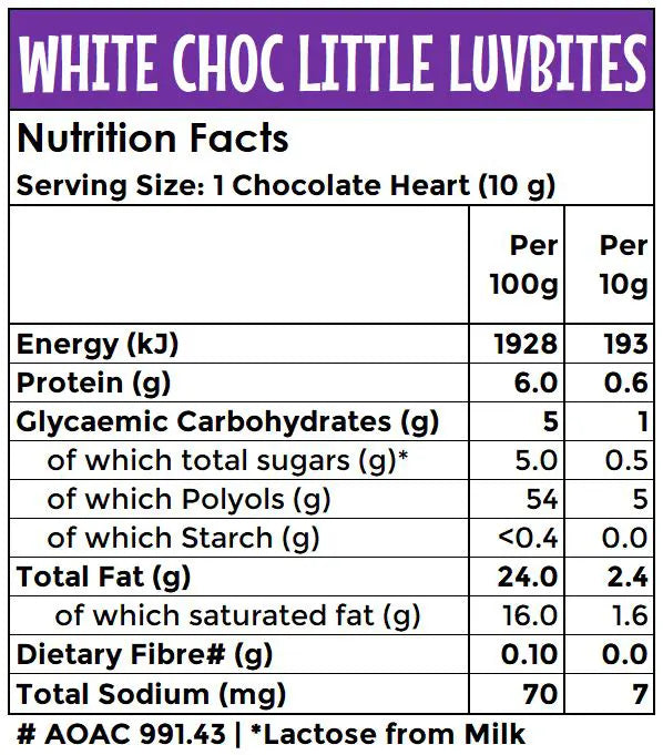 Sugar Free White Chocolate Hearts: Little LuvBites | 100g | Liquorice