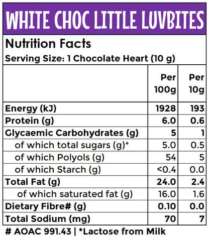 Sugar Free White Chocolate Hearts: Little LuvBites | 100g | Liquorice