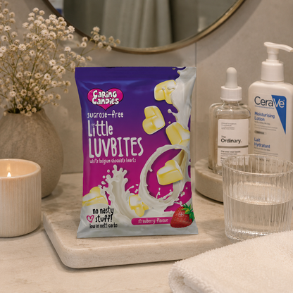 Sugar Free White Chocolate Hearts: Little LuvBites | 100g | Strawberry